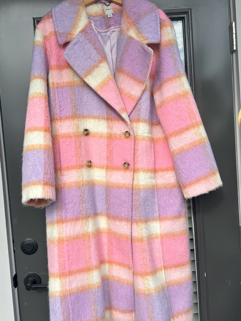 Anthropologie Maeve Pastel Plaid Long Faux Fur Peacoat Winter Coat - Large - Picture 6 of 9